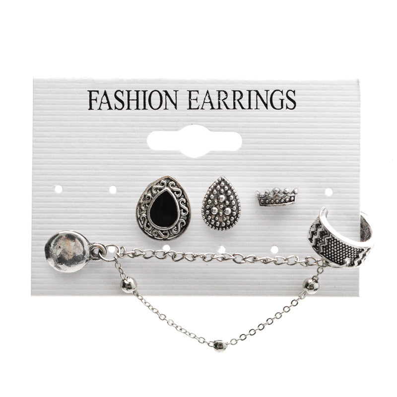 Bohemian Vintage Crown Teardrop Chain Earring Set (4 Pieces)