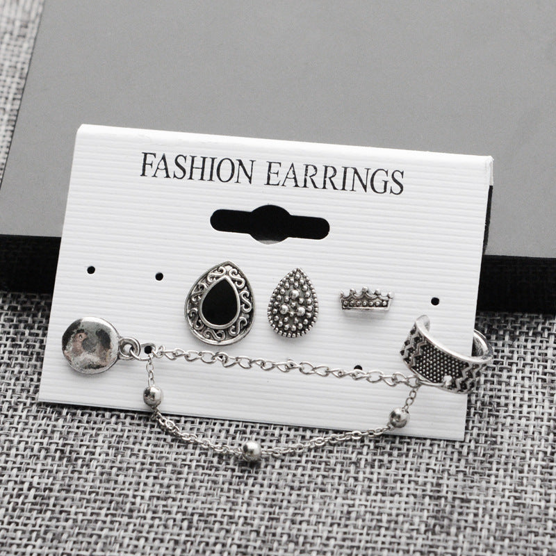 Bohemian Vintage Crown Teardrop Chain Earring Set (4 Pieces)