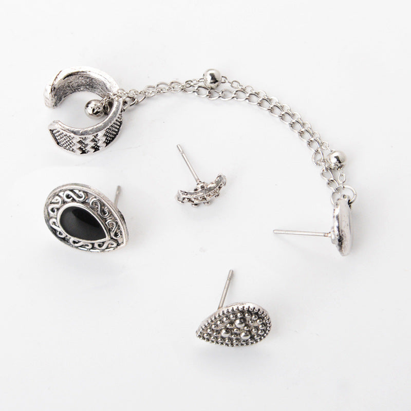 Bohemian Vintage Crown Teardrop Chain Earring Set (4 Pieces)