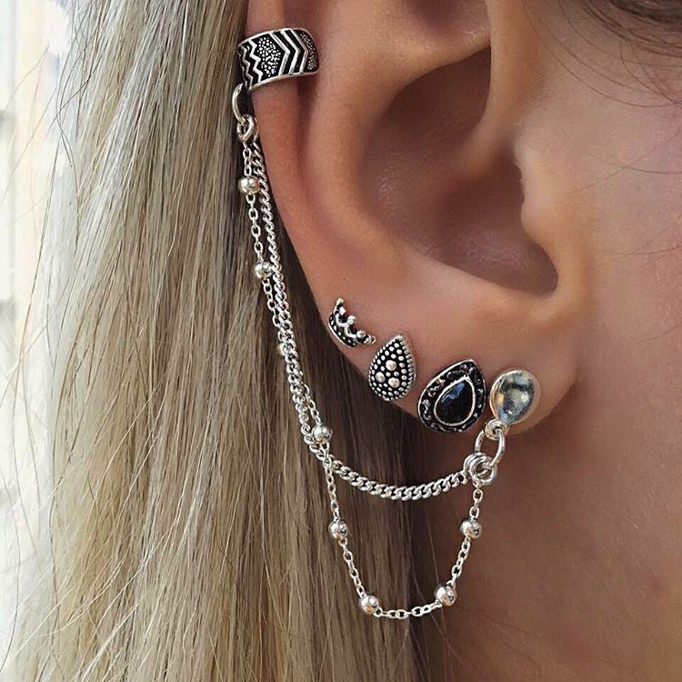 Bohemian Vintage Crown Teardrop Chain Earring Set (4 Pieces)