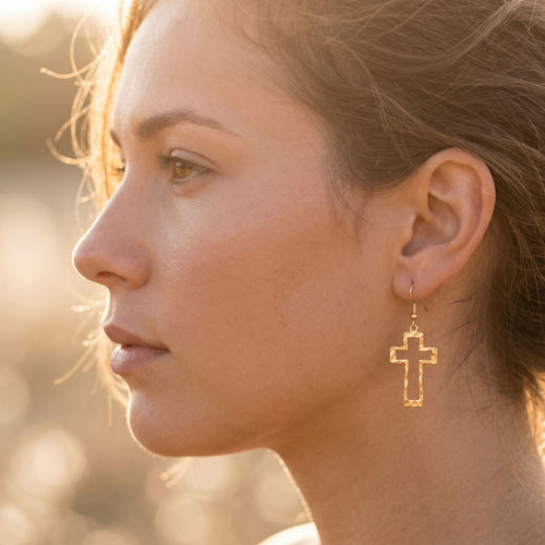 Vintage Hammered Cross Dangle Earrings